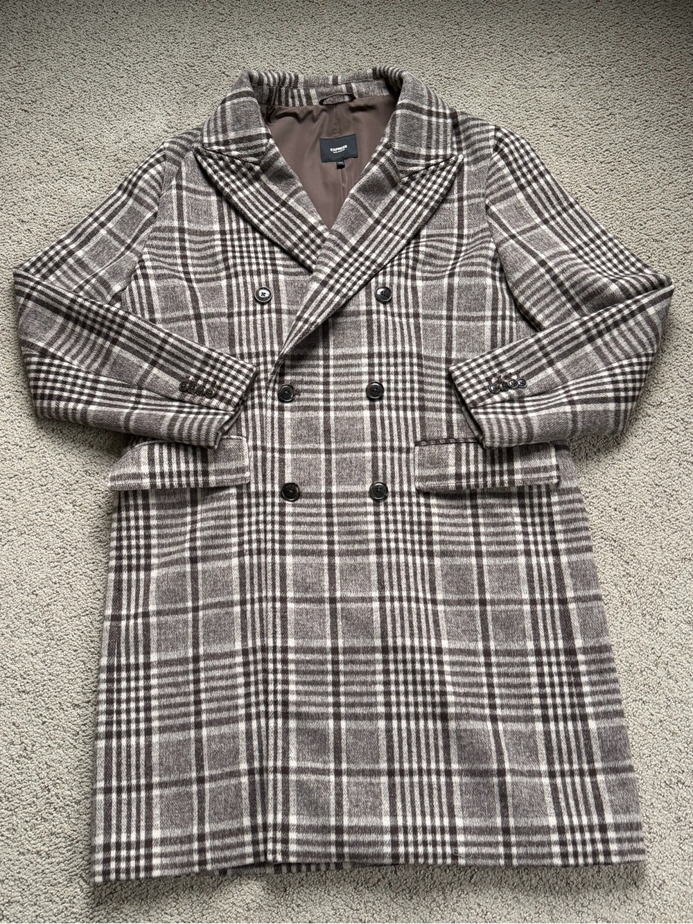 Express Men's Double-Breasted Plaid Wool Blend Coat - Brown Large Longline